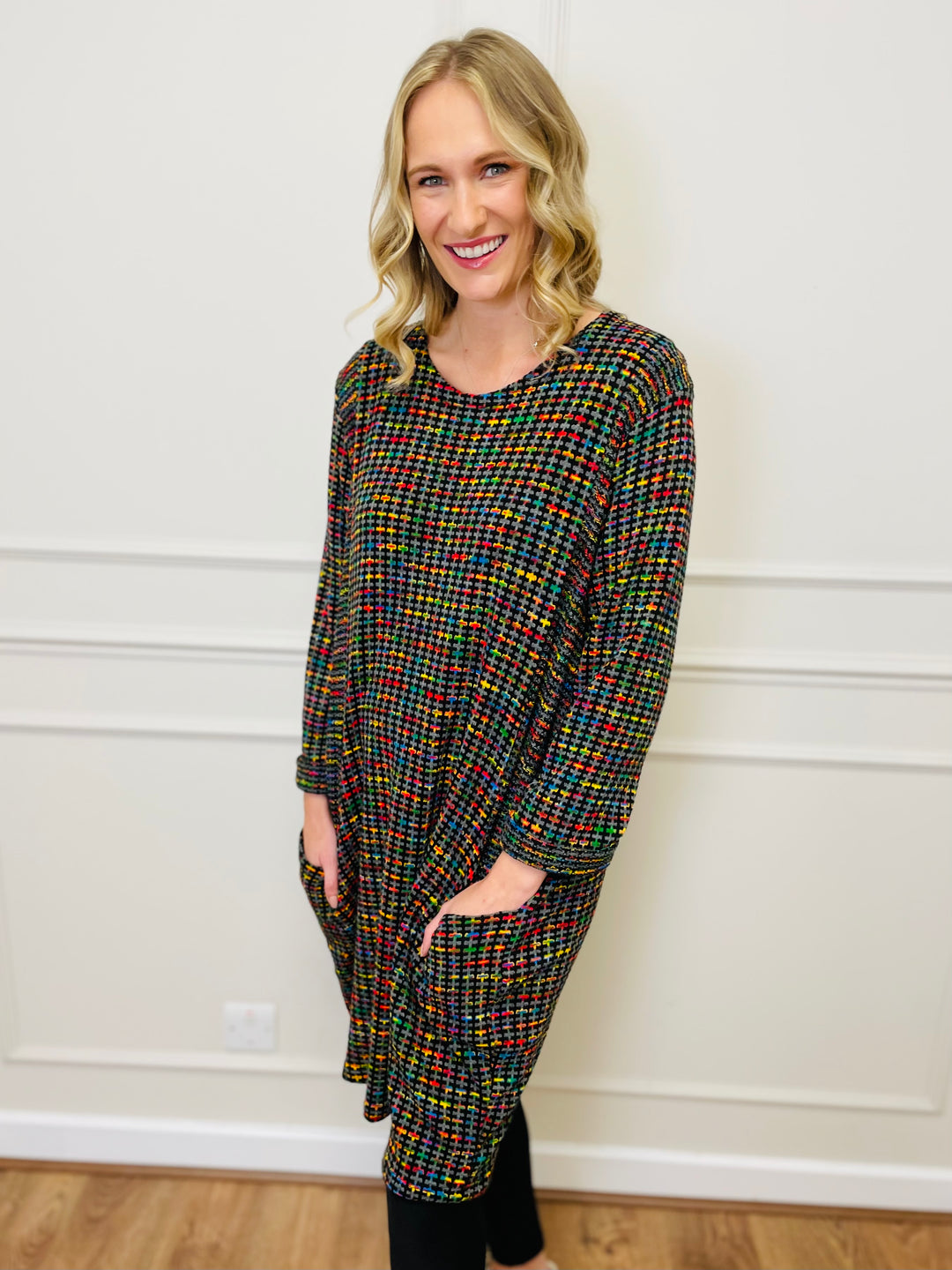 "BIANCA" Houndstooth Print Dress-Grey