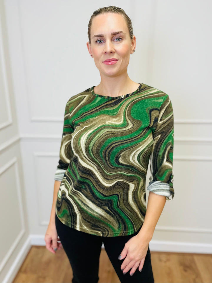 "ANNA" Printed Jersey Top-Green & Tan