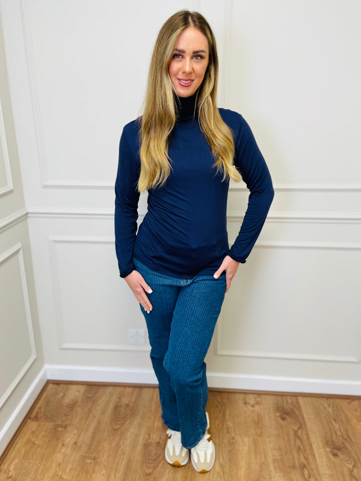 "LIVIA" Ruffle Polo Neck Top-Navy