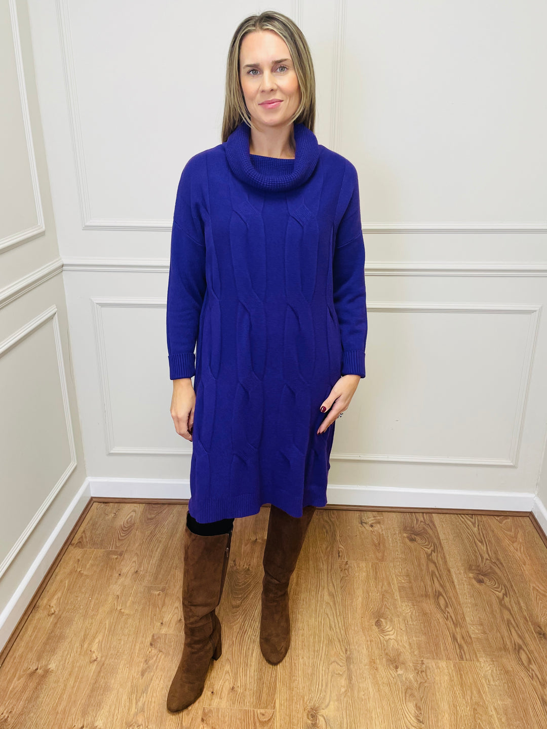 "BELINDA" Cable Knit Roll Neck Dress-Purple