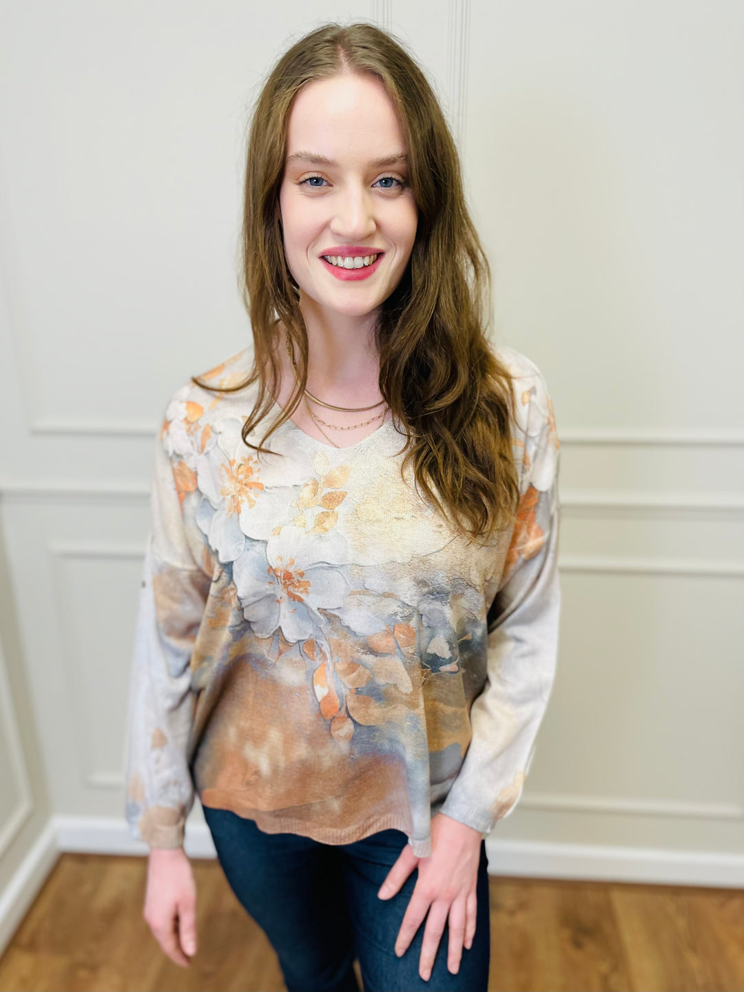 "AUTUMN" Floral Print Fine Knit-Cream & Mocha