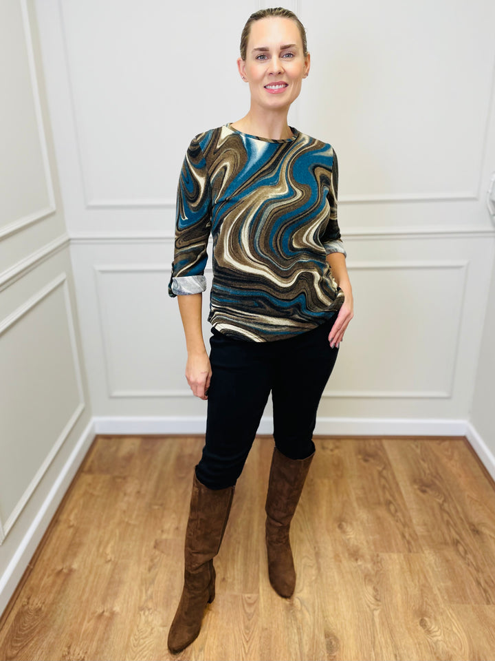 "ANNA" Printed Jersey Top-Teal & Tan