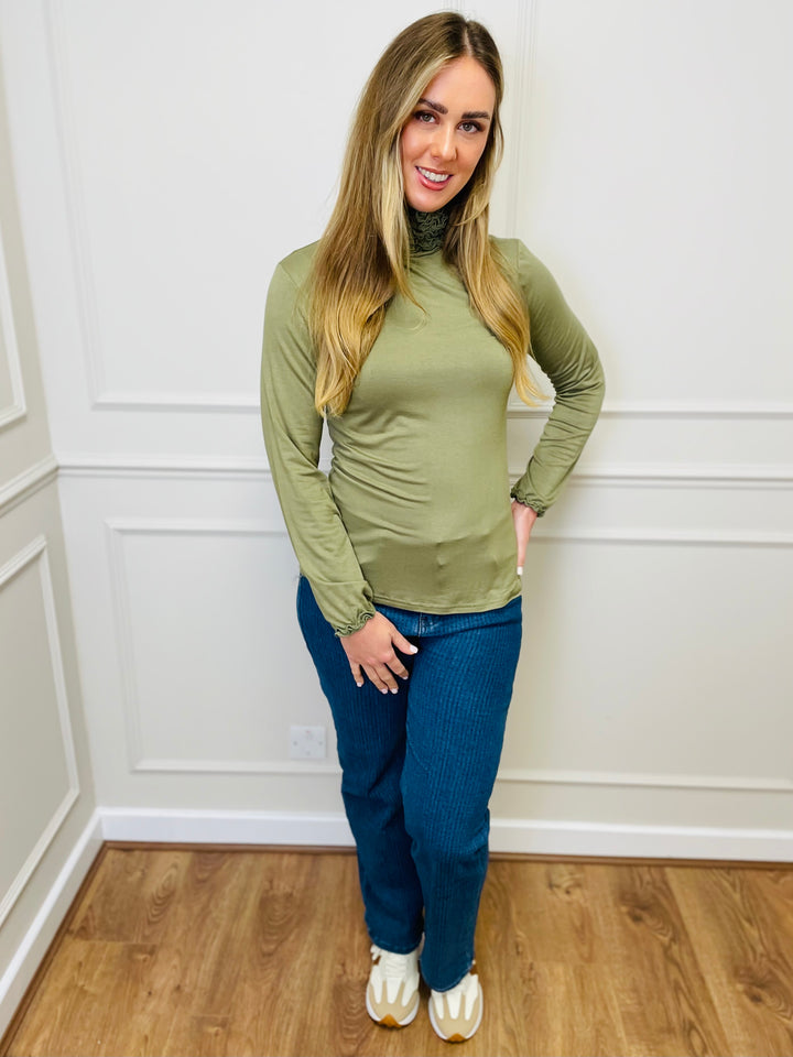 "LIVIA" Ruffle Polo Neck Top-Green