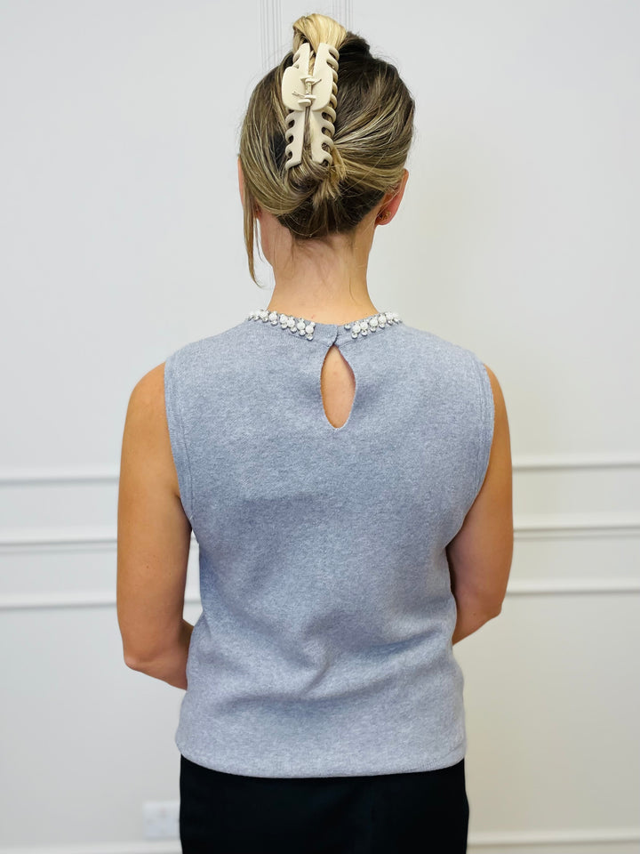 "SCARLET” Embellished Knit Top-Grey