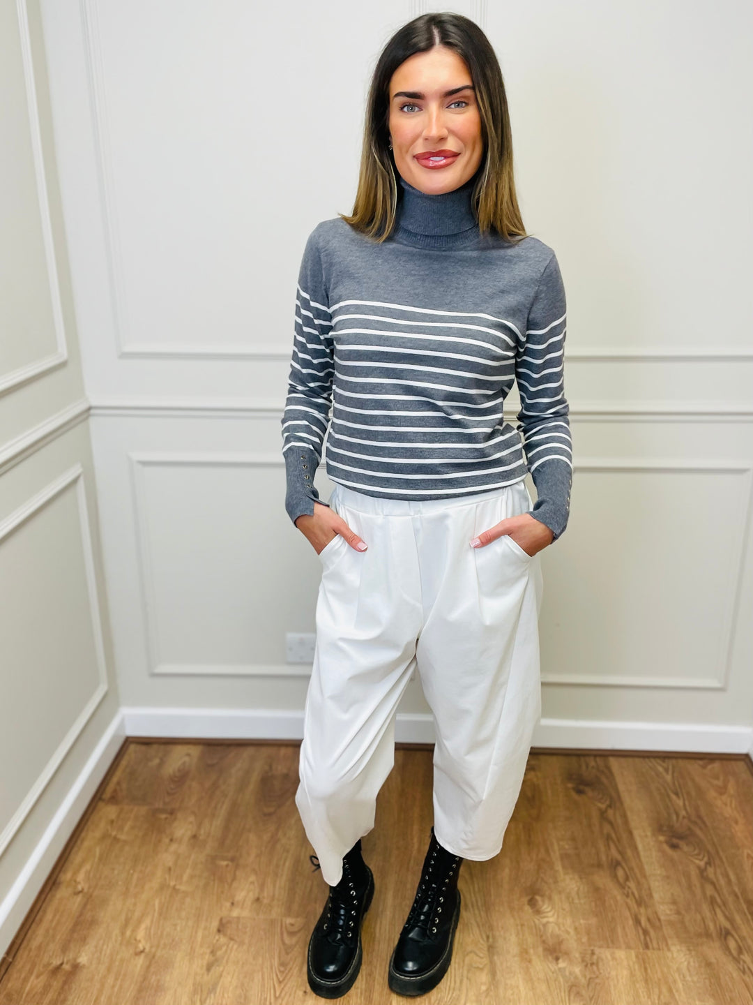 "GRACE" Stripe Print Jumper-Silver & White