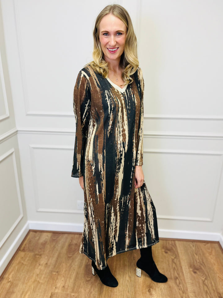 "SANDY" Artistic Print Maxi Dress-Brown