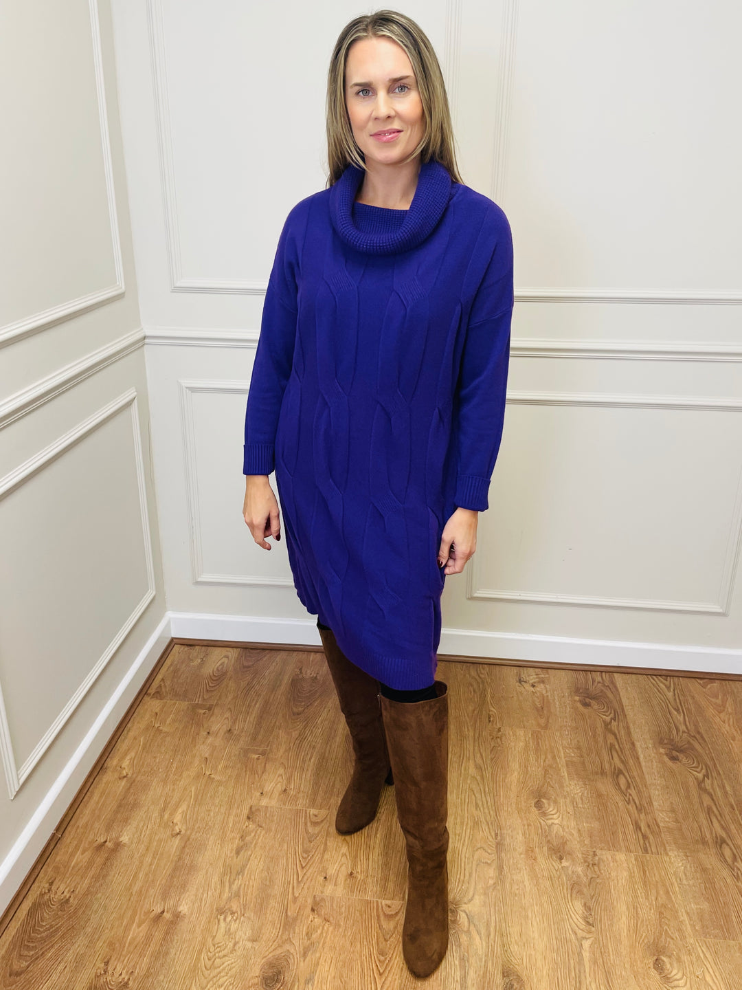 "BELINDA" Cable Knit Roll Neck Dress-Purple