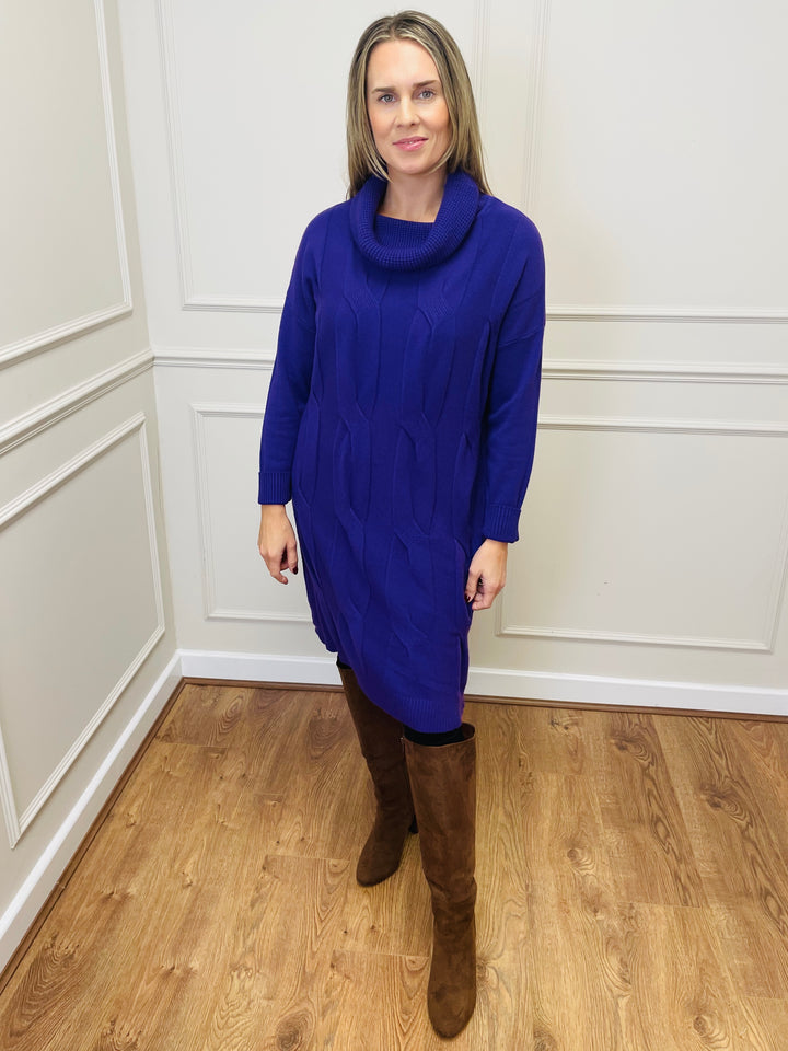 "BELINDA" Cable Knit Roll Neck Dress-Purple