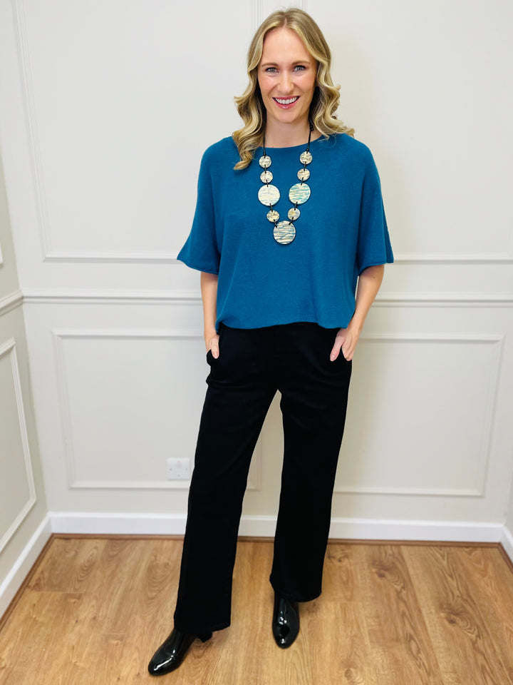 "ALICE” Short Sleeve Fine Knit-Teal