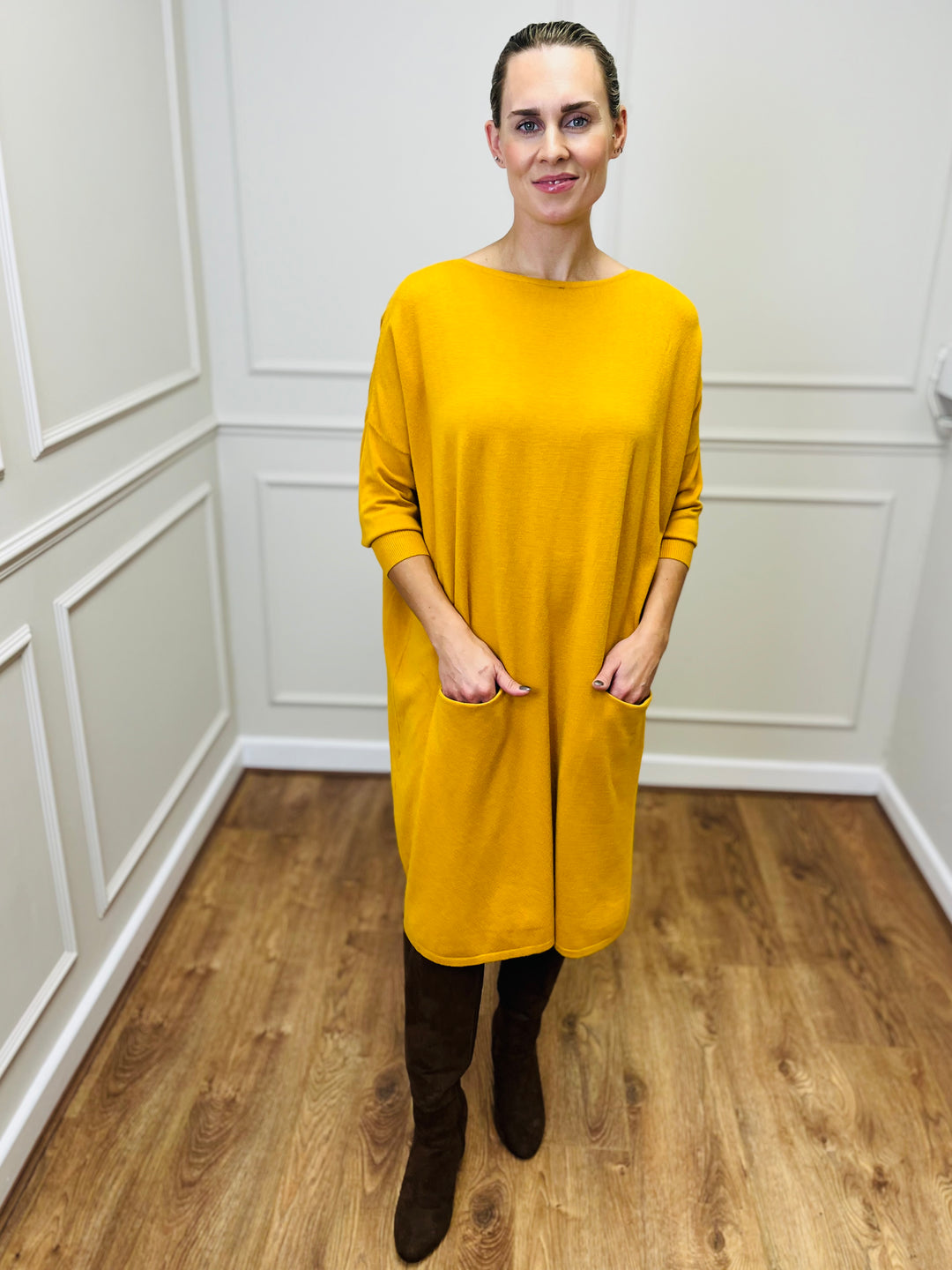 "RUBY" Fine Knit Dress-Mustard