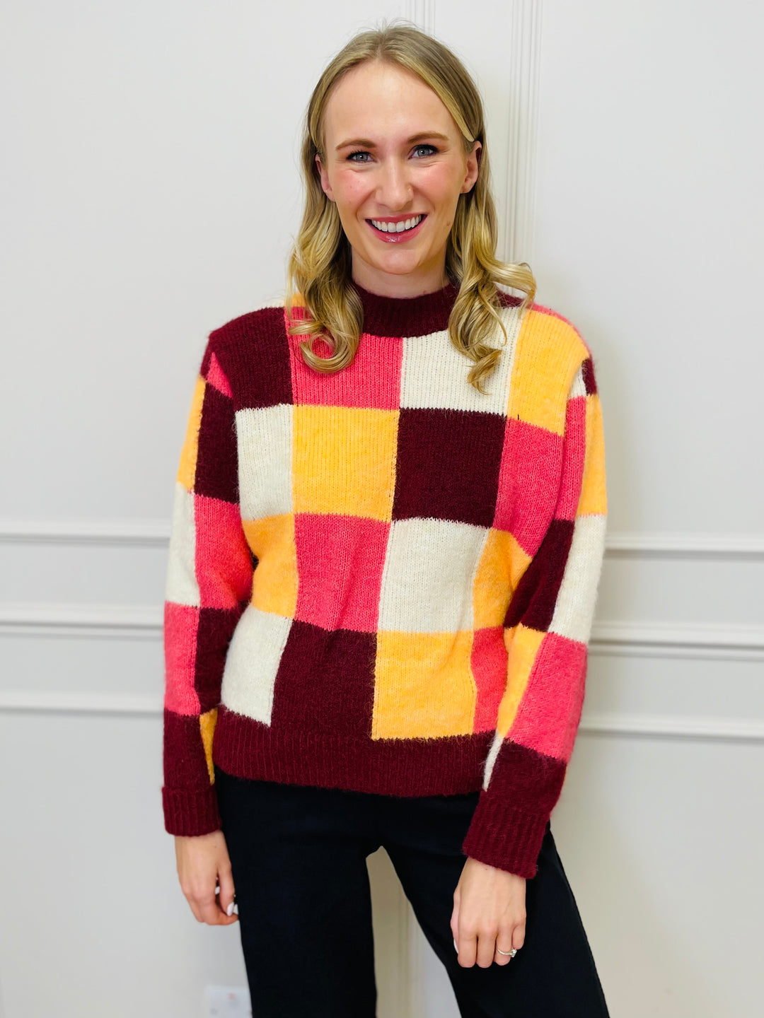 "FRANCESCA" Block Print Jumper-Burgundy, Yellow & Pink