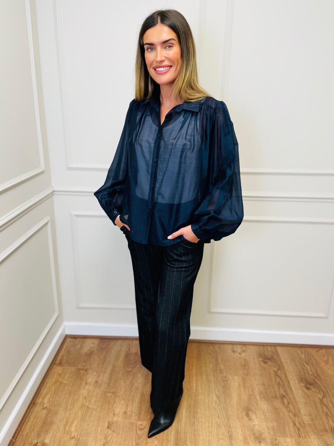 "AMELIA” Sheer Shirt-Navy