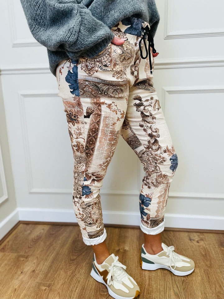 "CARMELA" Artistic Print Trouser-Cream/Tan & Grey
