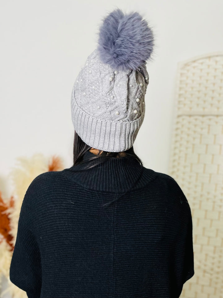 Pearl & Faux Fur Pom Hat-Silver