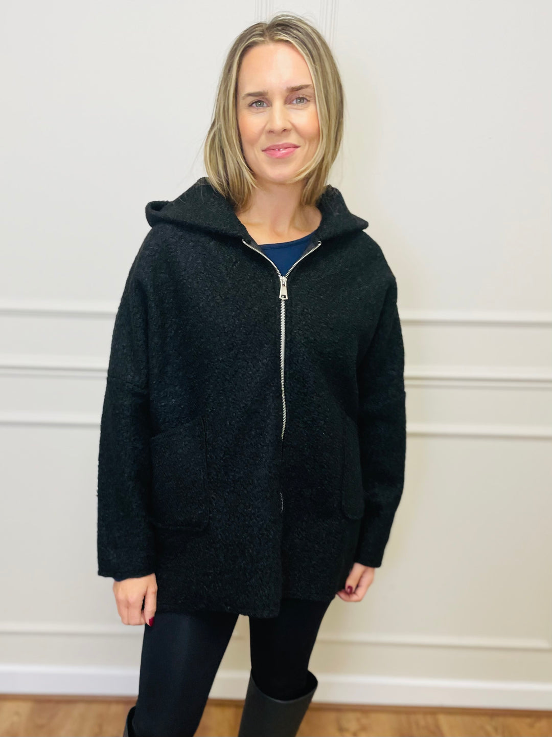 "ARLENE" Hooded Zip Coat-Black