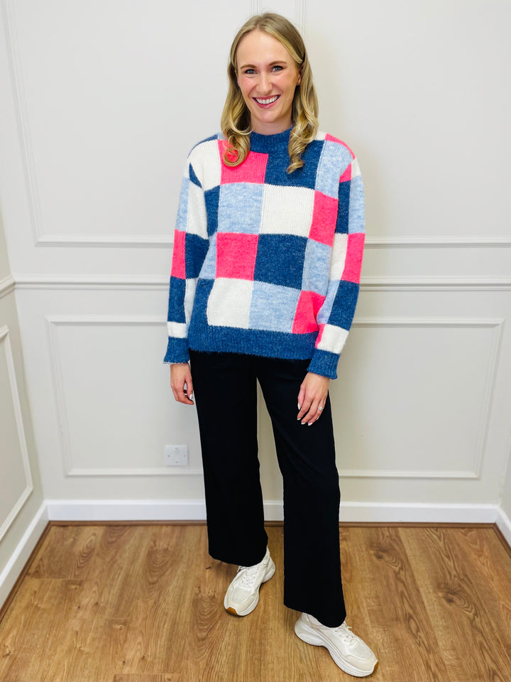 "FRANCESCA" Block Print Jumper-Blue/Pink & White