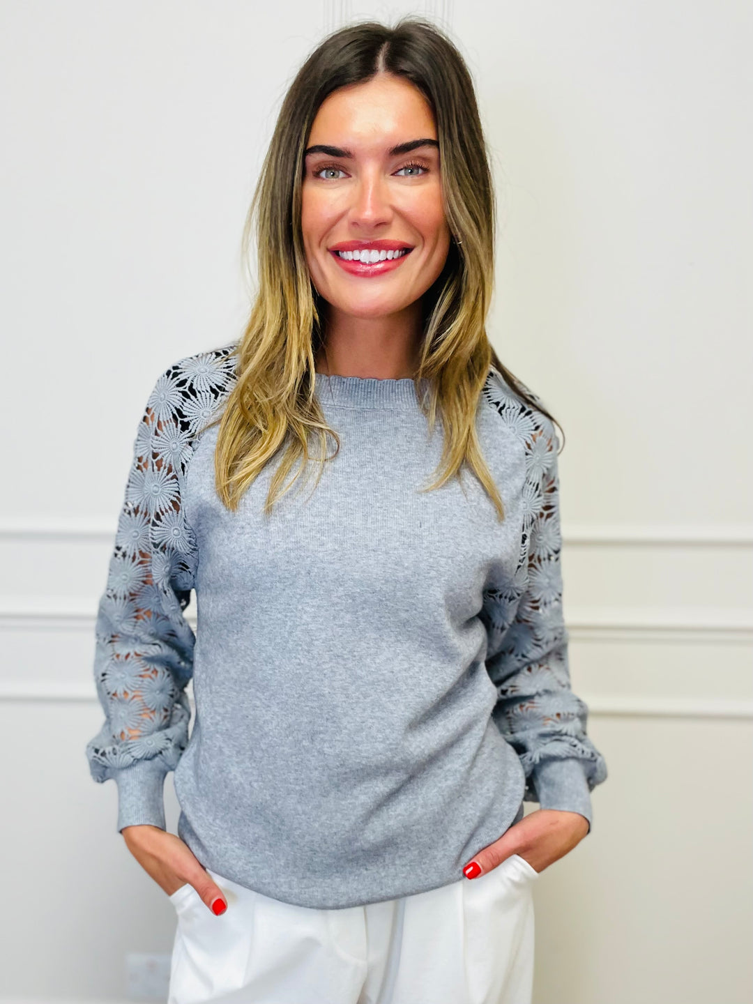 "WINNIE" Lace Sleeve Jumper-Grey