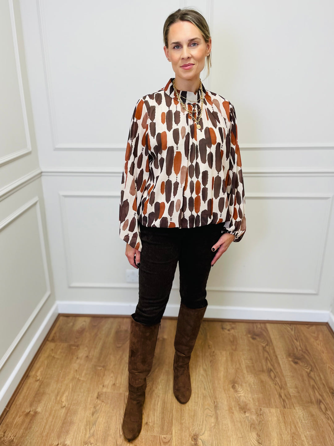 "TERESA" Abstract Print Blouse-Cream & Cinnamon