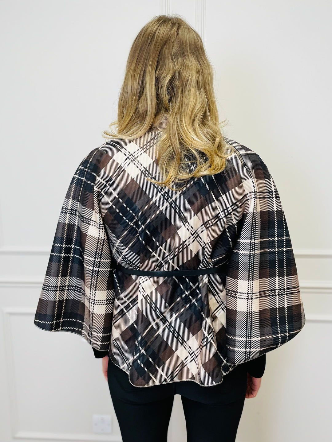 "LORELAI" Check Print Cape Coat-Cream & Brown