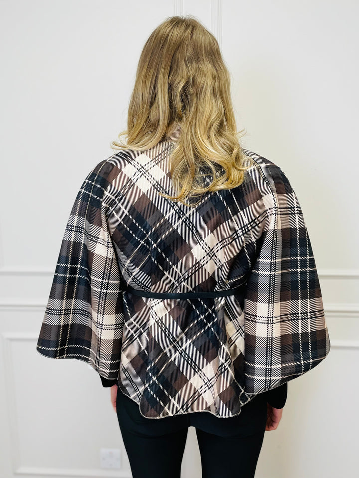 "LORELAI" Check Print Cape Coat-Cream & Brown