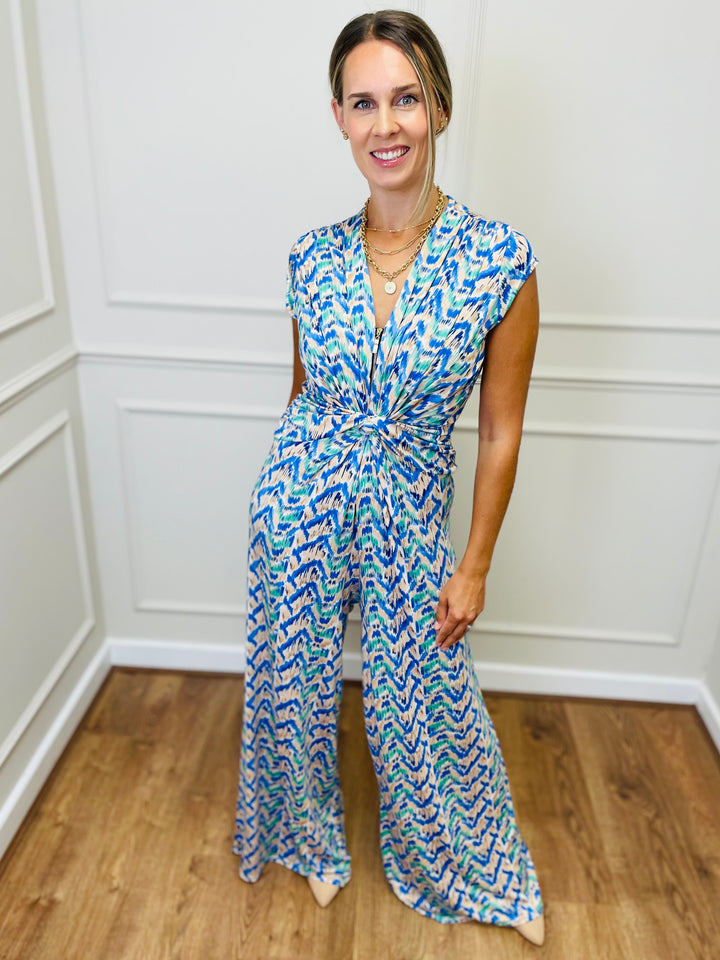 "CHLOE" Artistic Print Jumpsuit-White & Blue