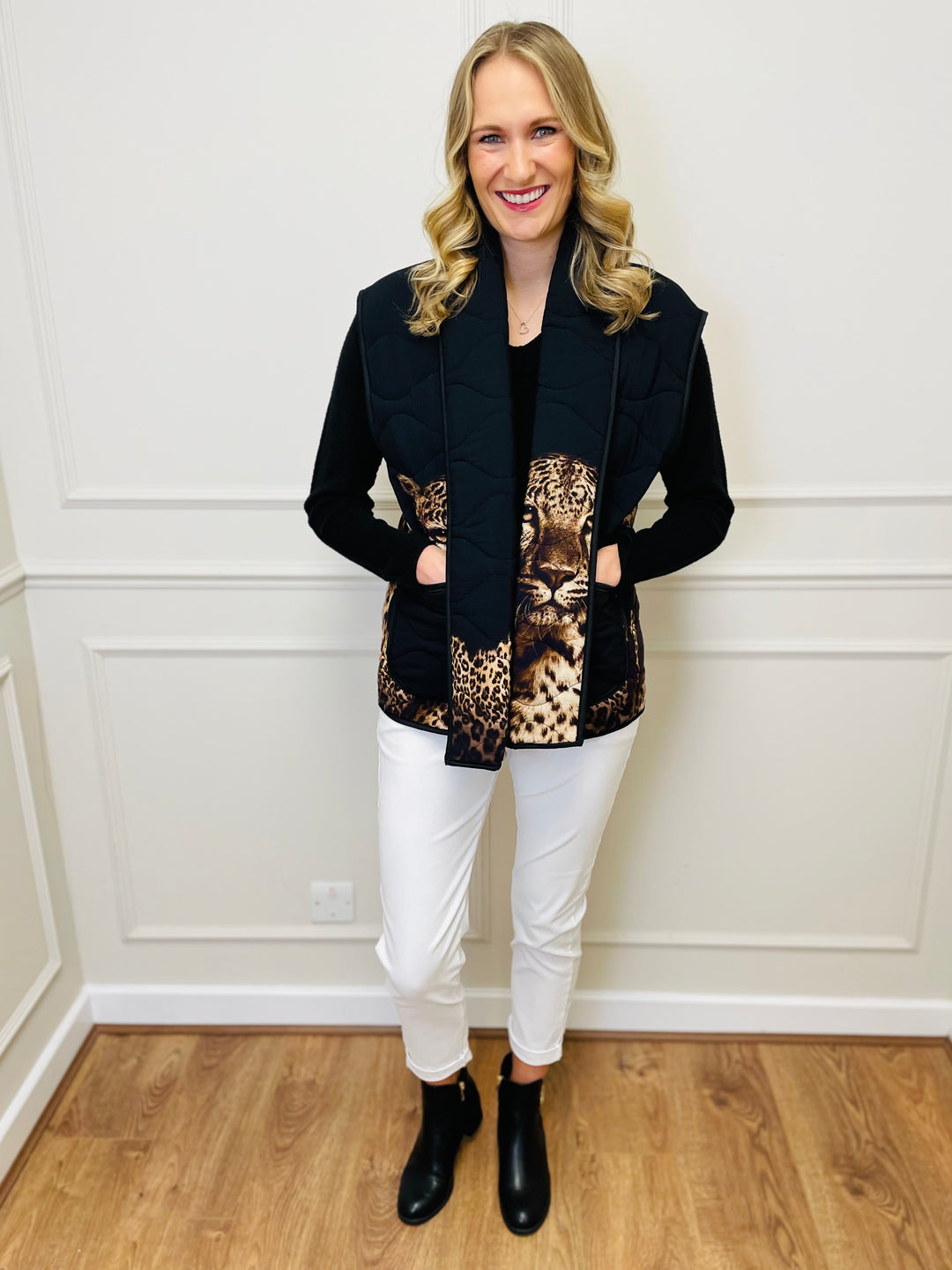 "HEIDI" Quilted Leopard Gilet-Black