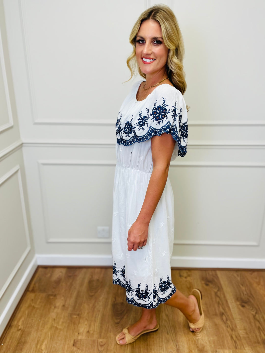 "HOLLY" Embroidered Dress-White & Navy