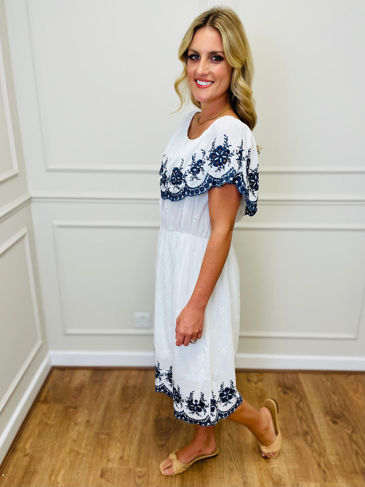 "HOLLY" Embroidered Dress-White & Navy