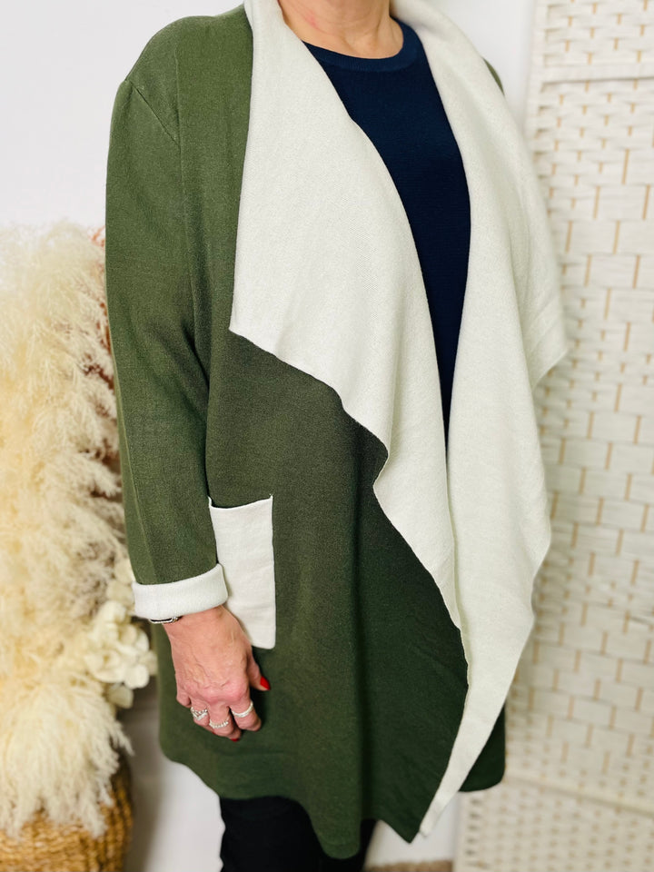 "LYDIA” Two Tone Waterfall Cardigan-Green & Cream