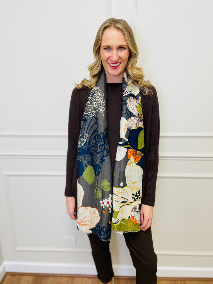 No.118 Artistic Print Scarf-Grey & Multicolour