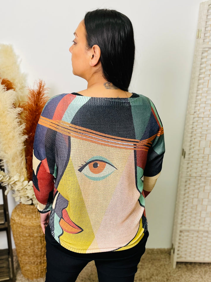 "THEA" Artistic Print Fine Knit Top-Multicolour