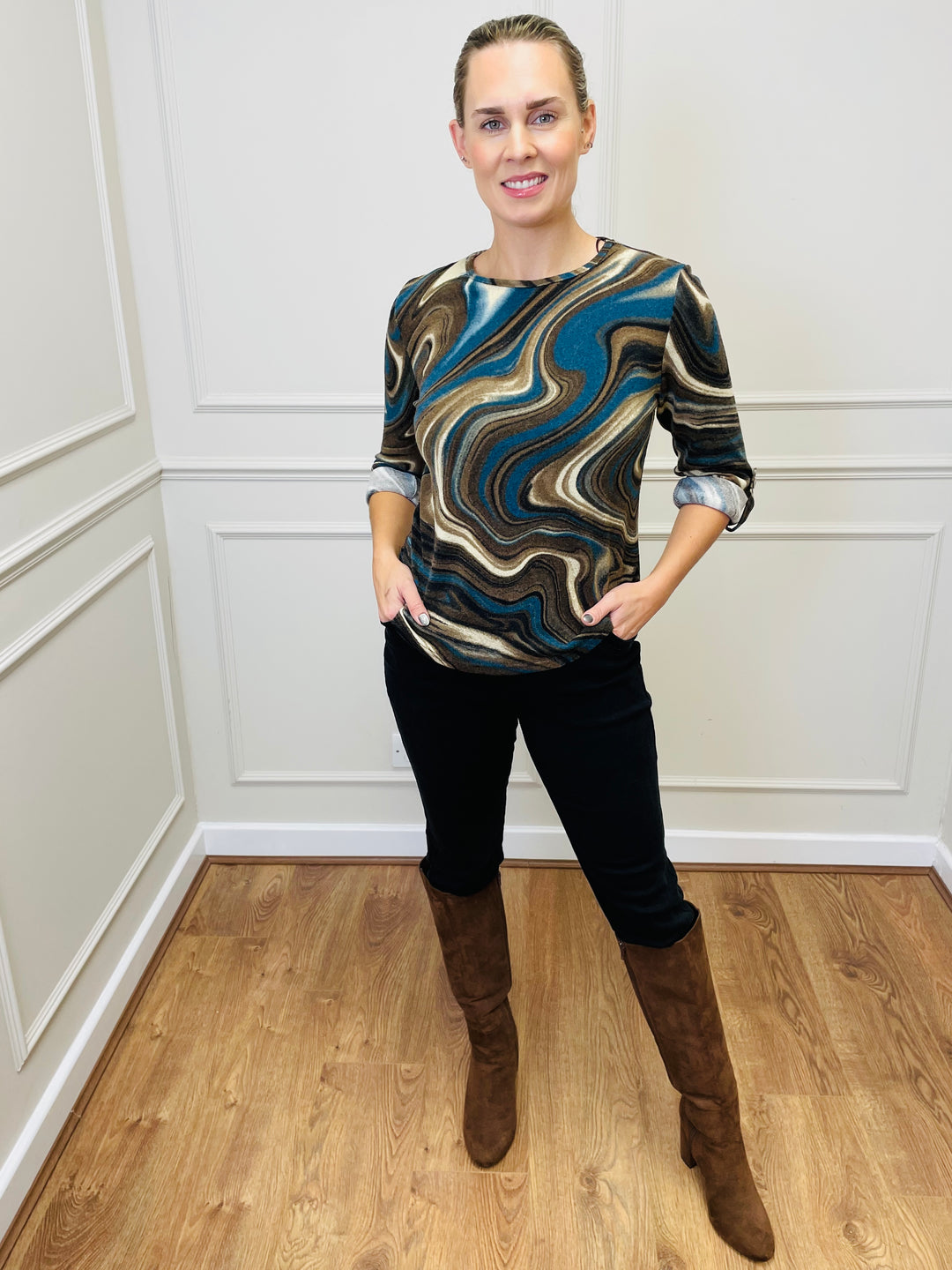 "ANNA" Printed Jersey Top-Teal & Tan