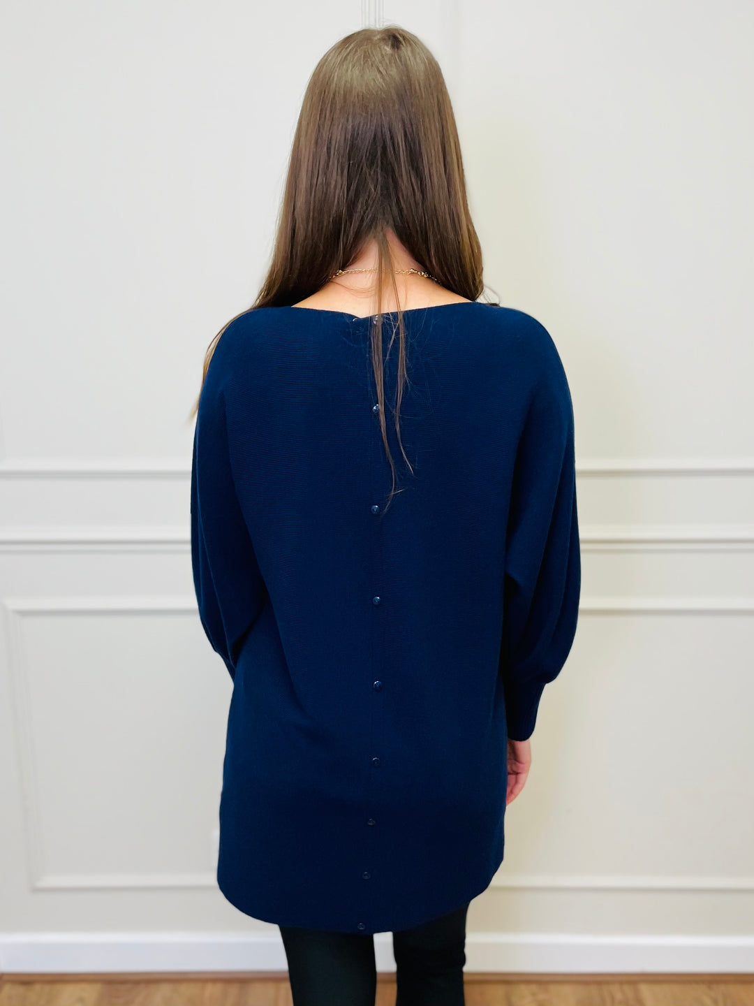 "EVELYN" Button Back Dress-Navy