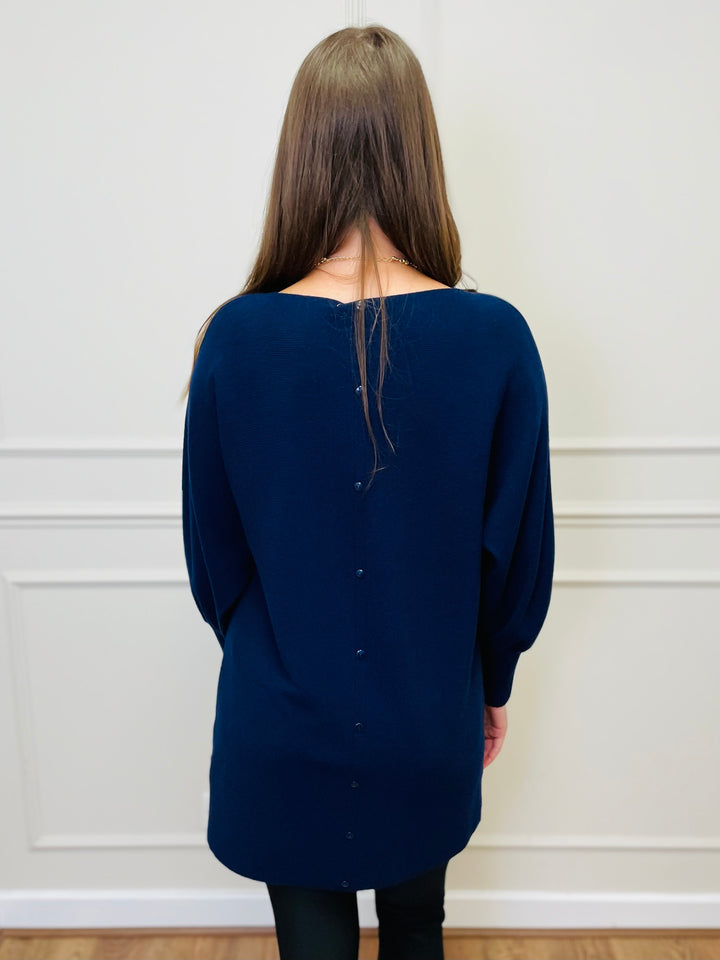 "EVELYN" Button Back Dress-Navy