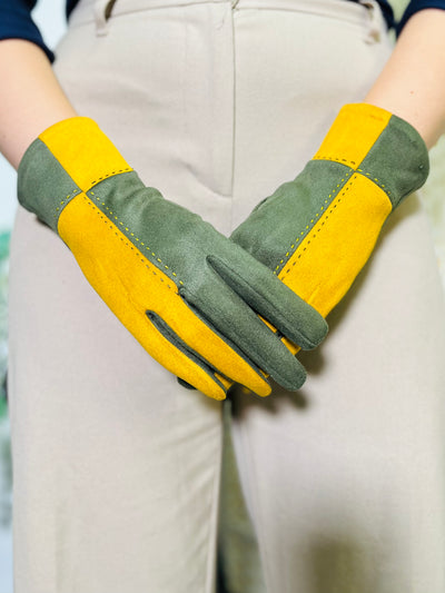 Block Print Gloves-Mustard & Green