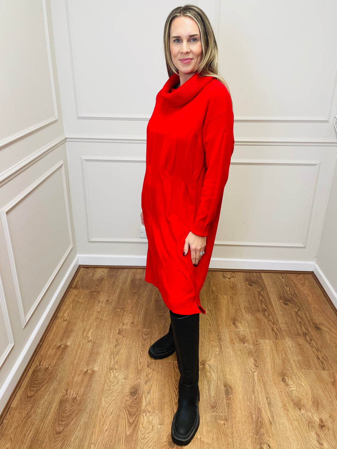 "BELINDA" Cable Knit Roll Neck Dress-Red