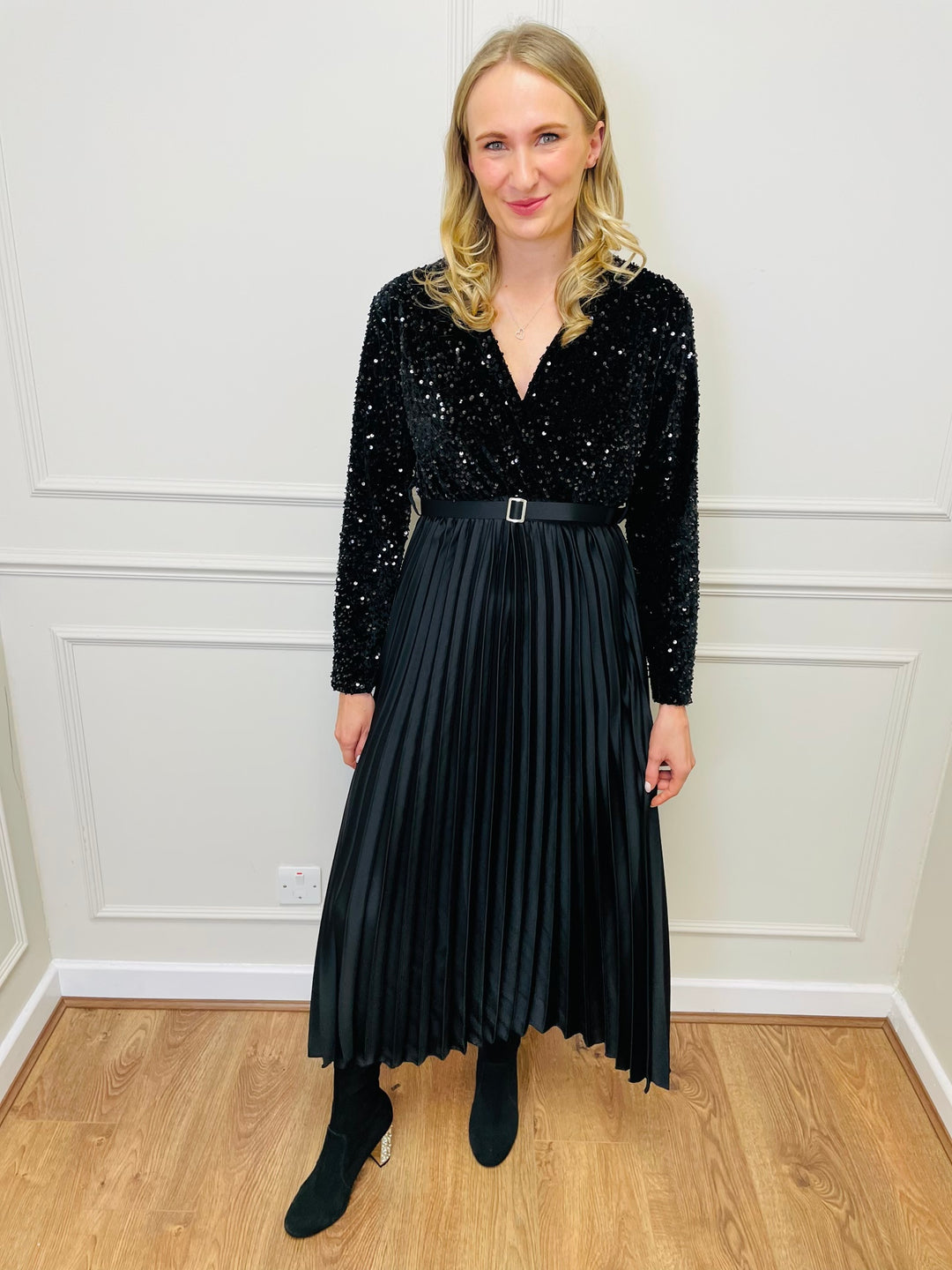 "ROSALIE" Pleated Dress-Black