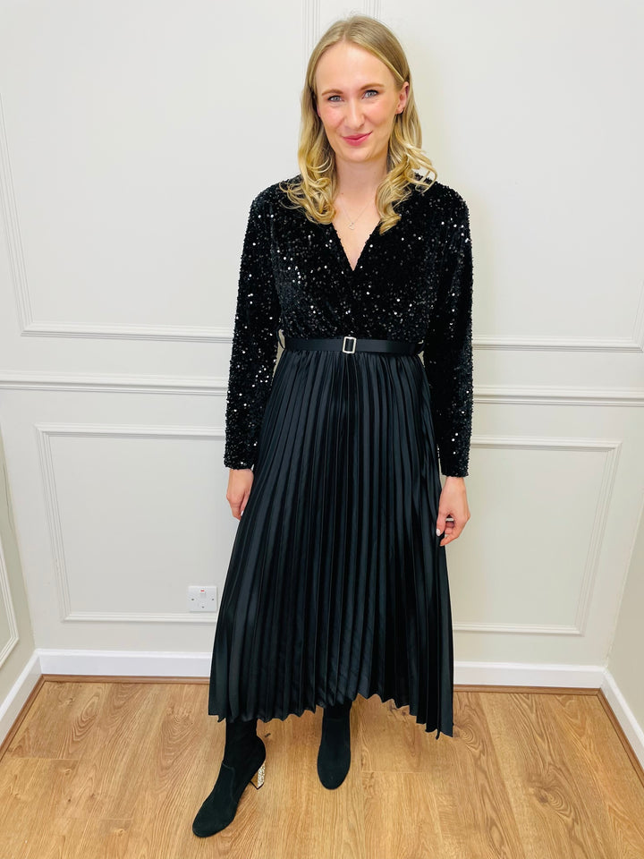 "ROSALIE" Pleated Dress-Black