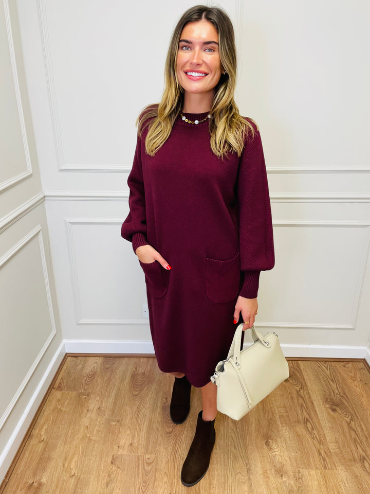 "TAYLOR" Pocket Knit Midi Dress-Burgundy
