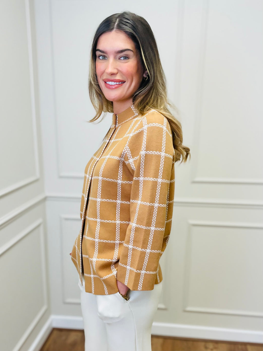 "CELINE" Windowpane Check Cardigan-Tan & White