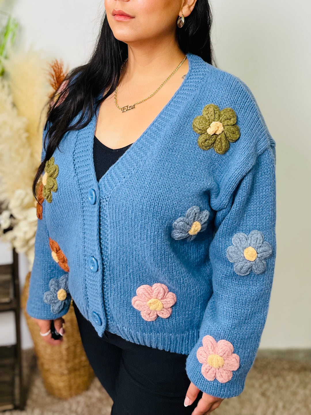 "ARIZONA" Floral Cardigan-Denim Blue