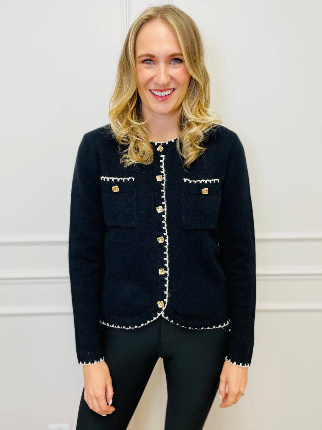 "HELENA" Two Tone Cardigan-Black & Cream