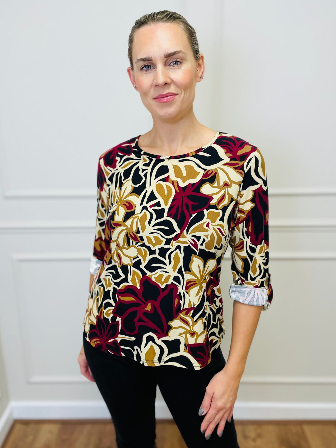 "ANNA" Floral Print Blouse-Burgundy & Multicolour