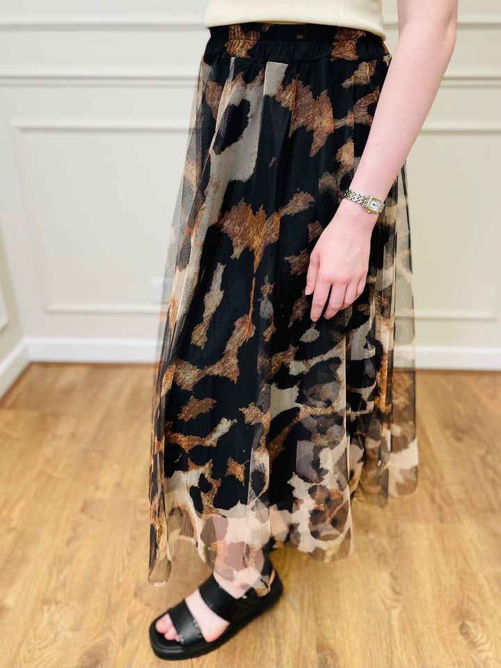 "IZZY" Animal Print Tulle Skirt-Black & Brown