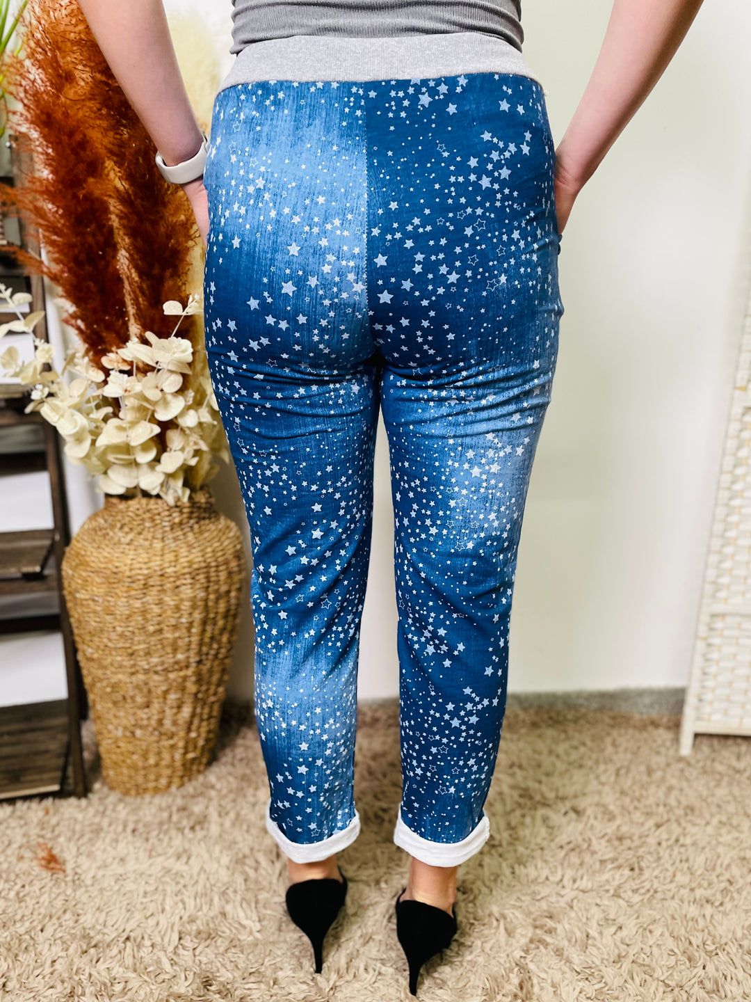 "RIO" Star Print Magic Trouser-Denim & White