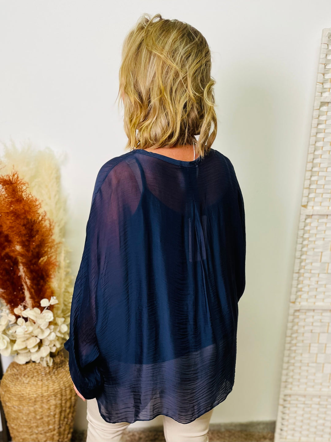 "LACEY" Sheer Shirt-Navy