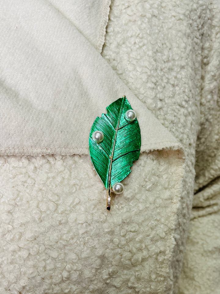 Green & Pearl Leaf Brooch