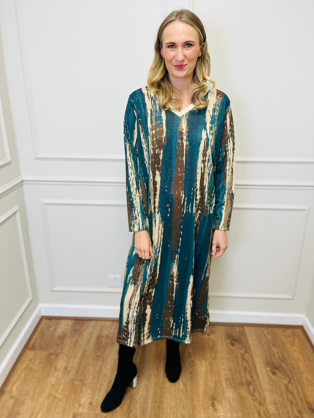 "SANDY" Artistic Print Maxi Dress-Teal