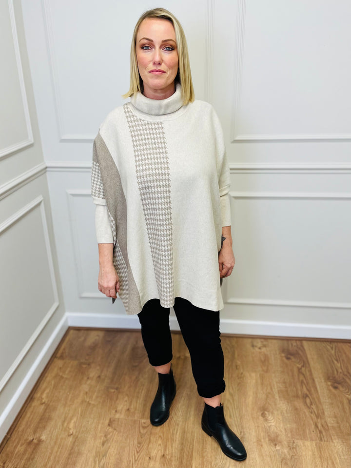 "DANIELA" Houndstooth Print Poncho-Cream & Mocha