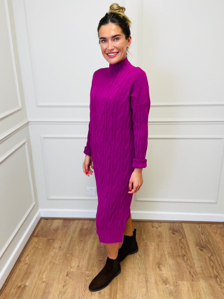 "ELY" Cable Knit Midi Dress-Magenta